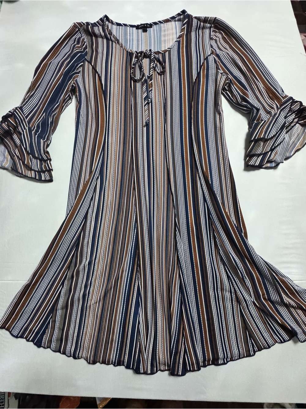 Striped Swing women’s Dress with Tie Neck - Navy, Brown & White